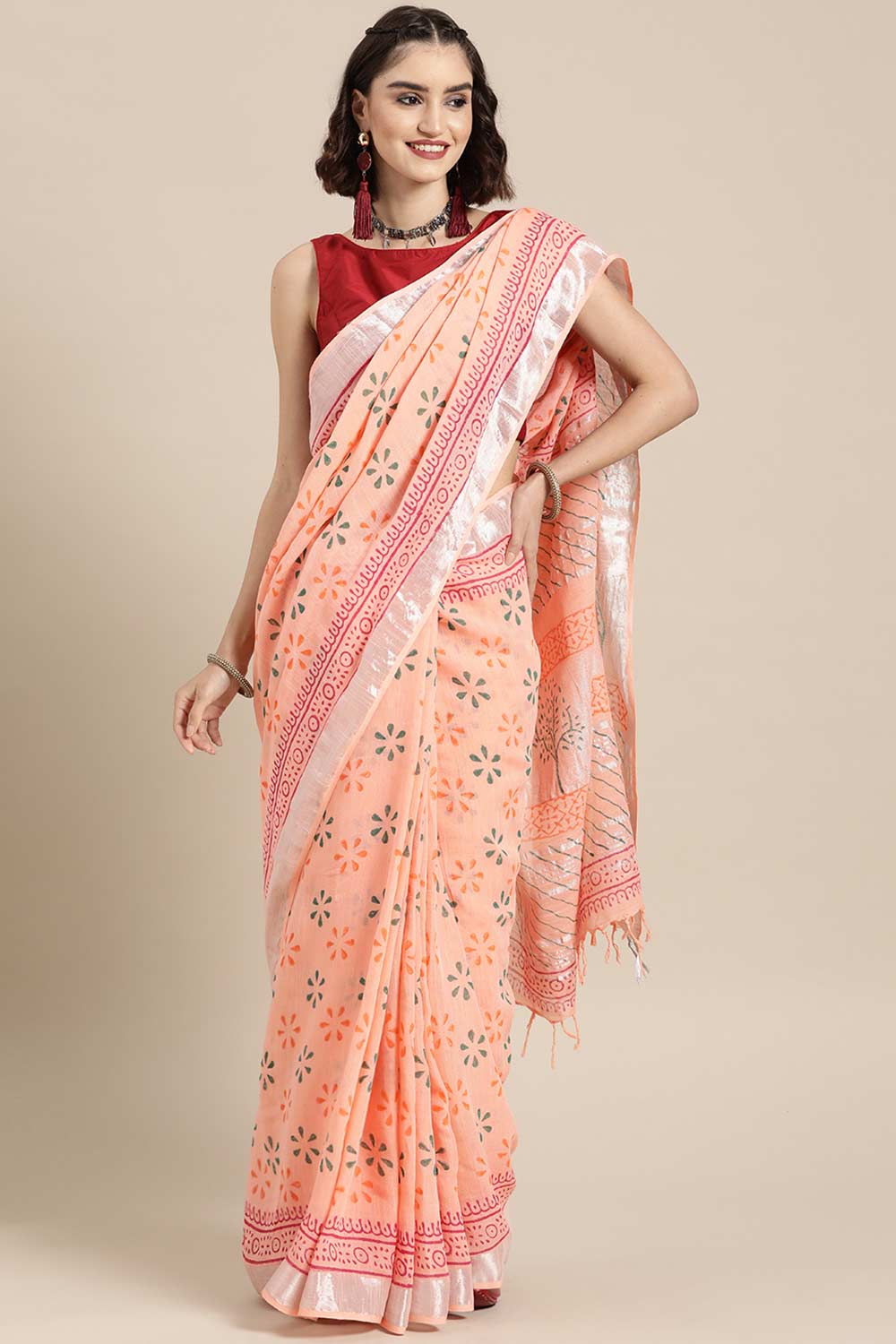 Buy Uma Peach Block Printed Linen One Minute Saree Online - One Minute Saree