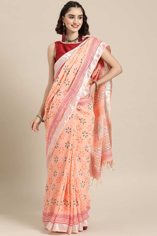 Buy Uma Peach Block Printed Linen One Minute Saree Online - One Minute Saree