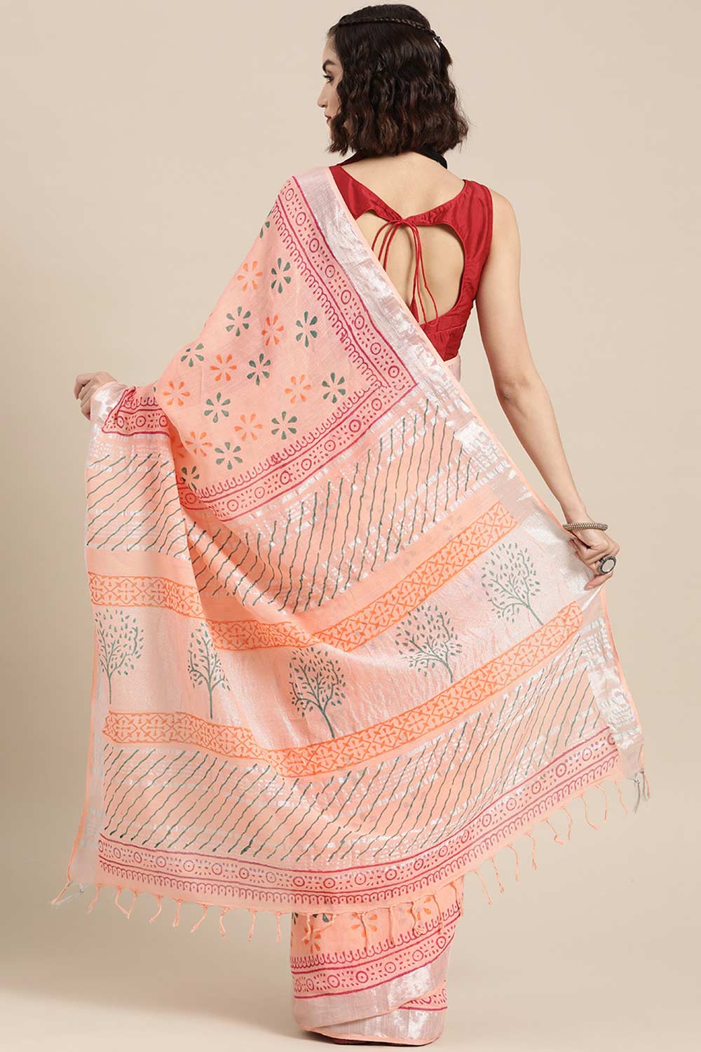 Shop Uma Peach Block Printed Linen One Minute Saree at best offer at our  Store - One Minute Saree