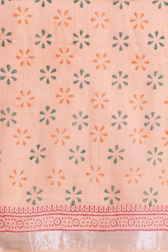Buy Uma Peach Block Printed Linen One Minute Saree Online