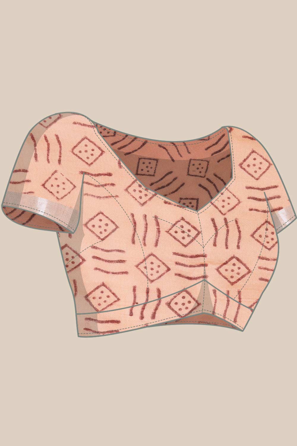 Buy Uma Peach Block Printed Linen One Minute Saree Online - Front