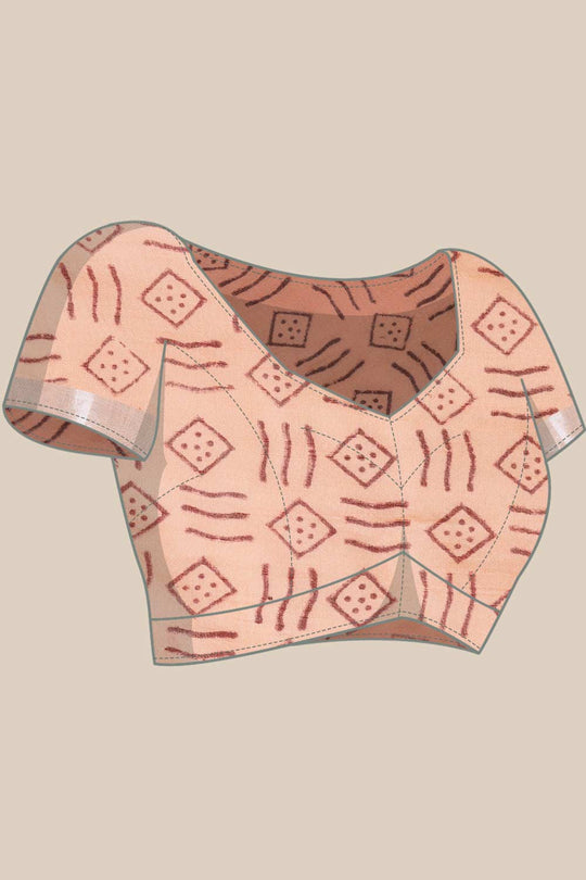 Buy Uma Peach Block Printed Linen One Minute Saree Online - Front