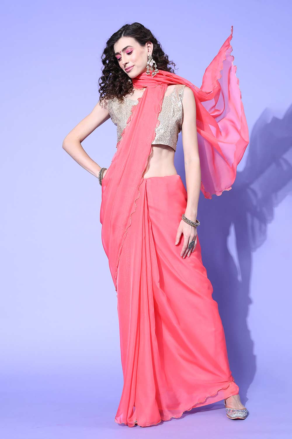 Buy Frieda Pink Organza Aari Work One Minute Saree Online - One Minute Saree