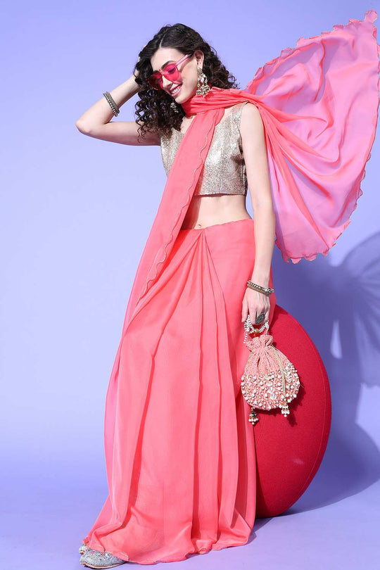 Buy Frieda Pink Organza Aari Work One Minute Saree Online