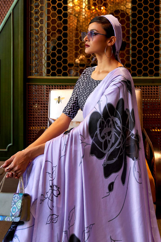 Shop Kalizey Lavender Satin Printed Saree at best offer at our  Store - One Minute Saree