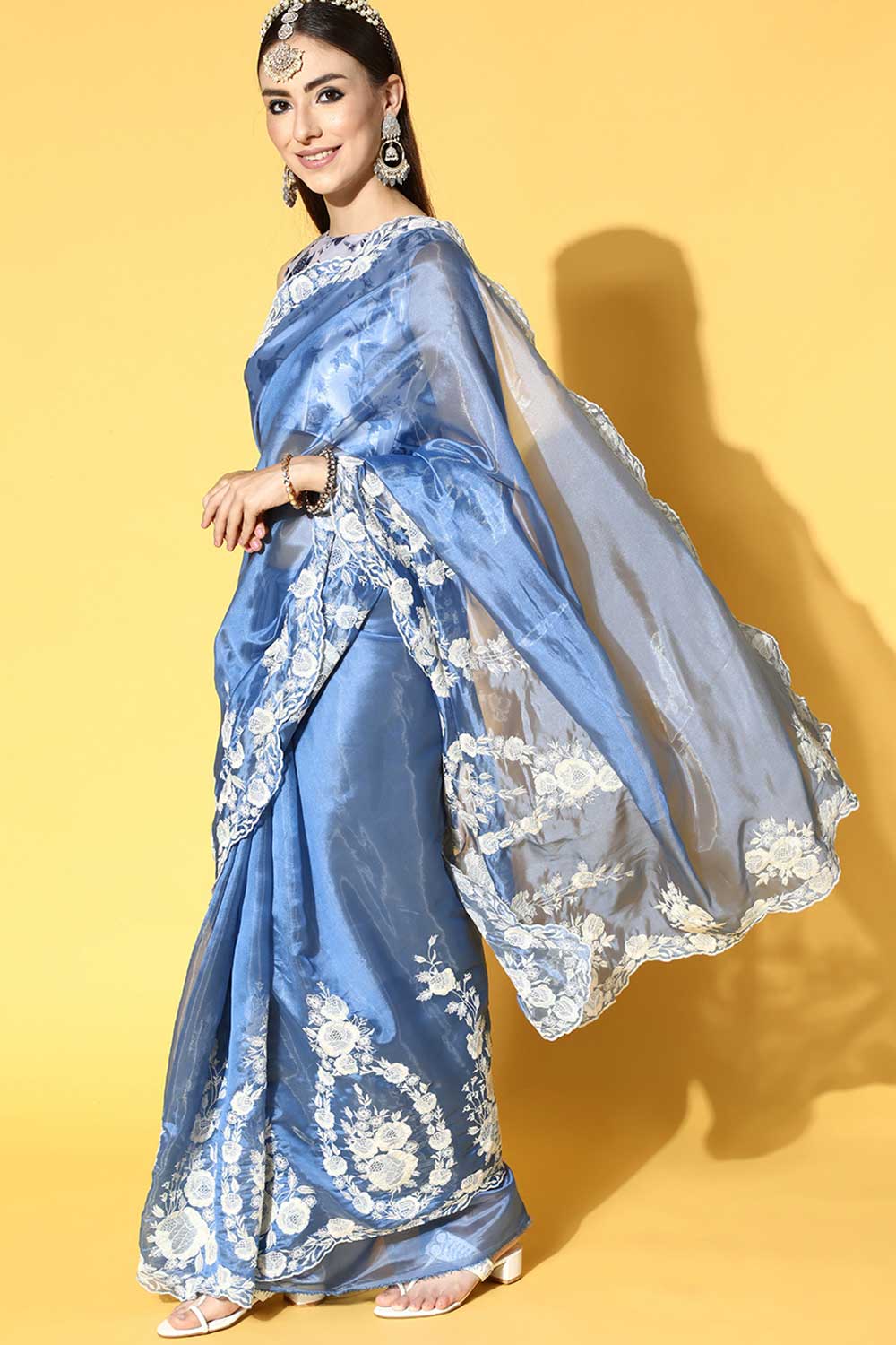 Buy Navya Blue Embroidered Organza One Minute Saree Online - Back