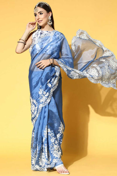 Buy Navya Blue Embroidered Organza One Minute Saree Online - One Minute Saree