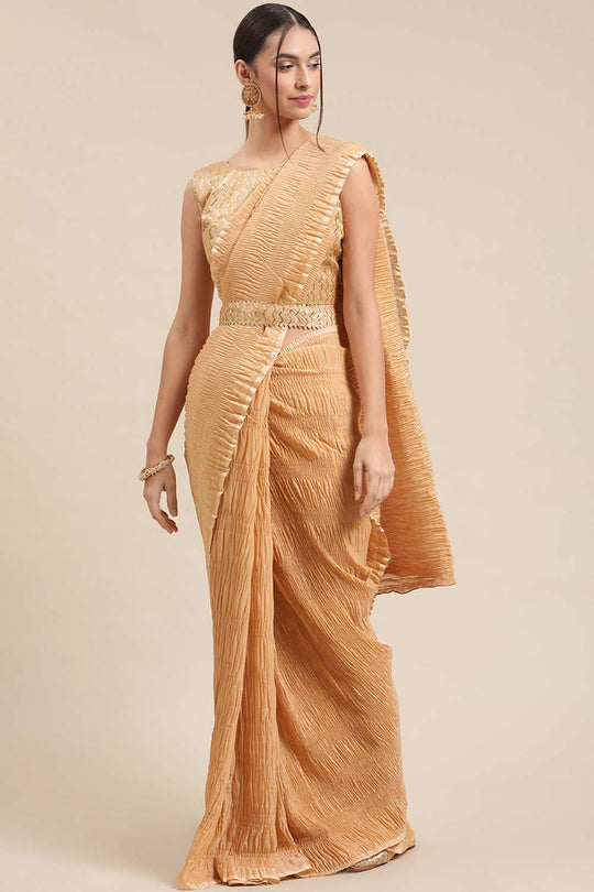 Buy Clarisse Cream Polycotton Pleated One Minute Saree Online - One Minute Saree