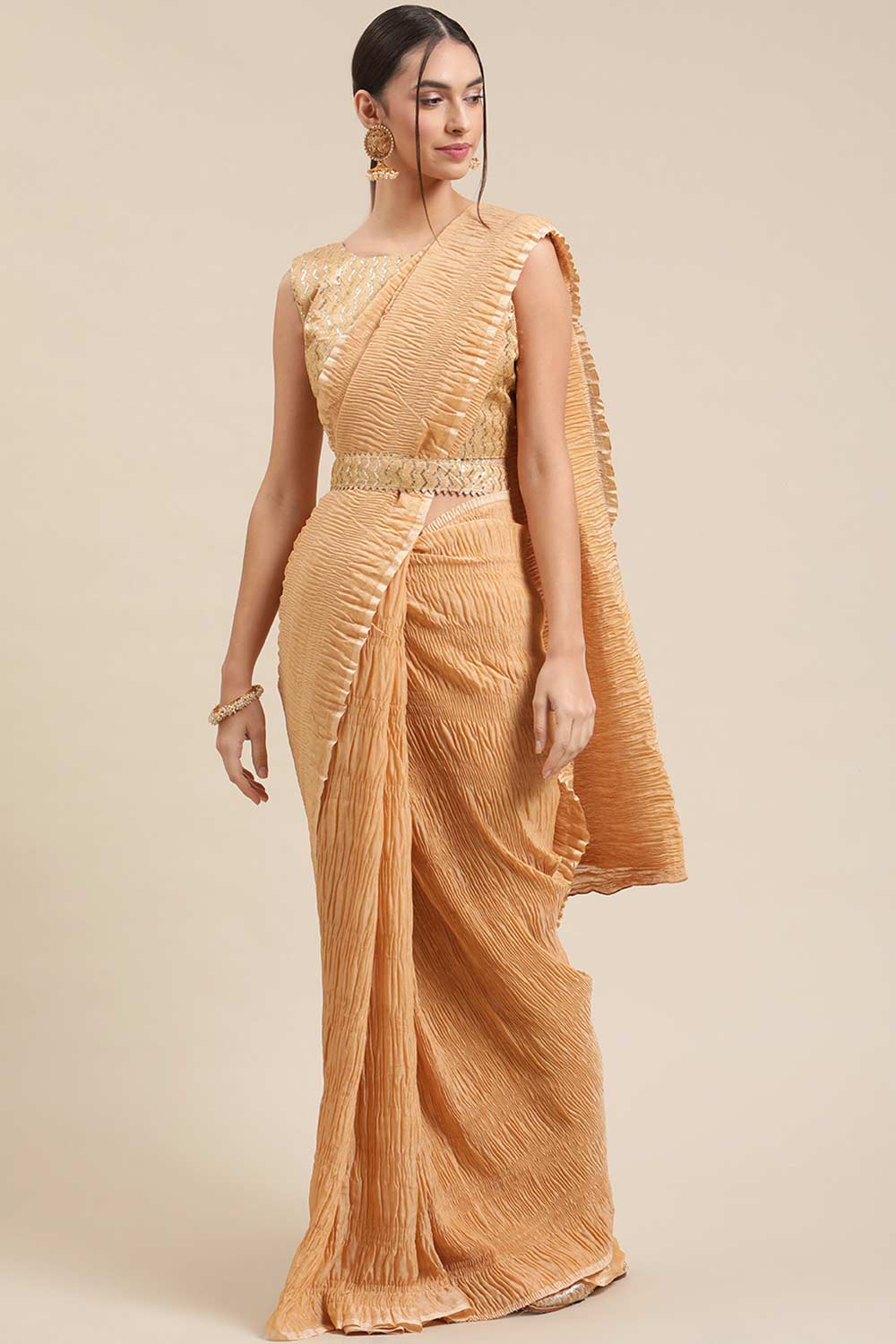 Buy Clarisse Cream Polycotton Pleated One Minute Saree Online - One Minute Saree