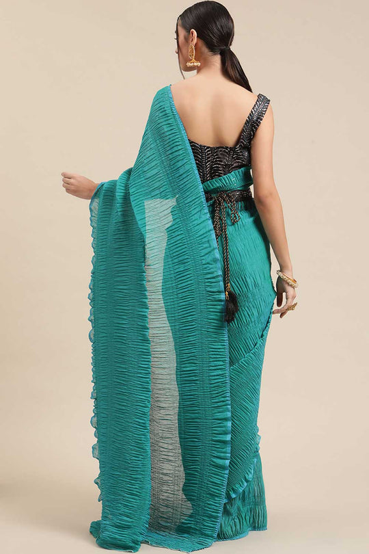 Shop Bina Teal Thin Pleats Solid Polycotton One Minute Saree at best offer at our  Store - One Minute Saree