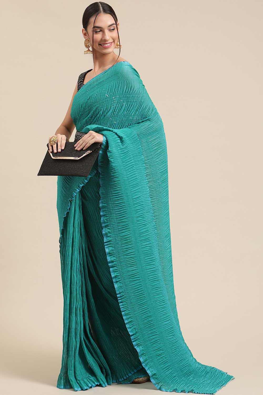 Buy Bina Teal Thin Pleats Solid Polycotton One Minute Saree Online - One Minute Saree