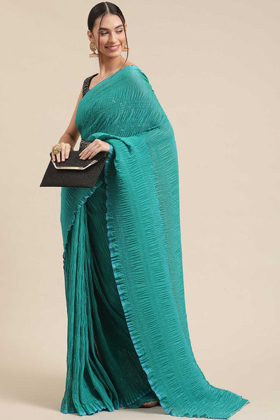 Buy Bina Teal Thin Pleats Solid Polycotton One Minute Saree Online - One Minute Saree