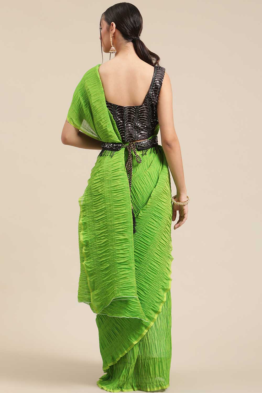 Buy Polycotton Solid Saree in Green Online - Back