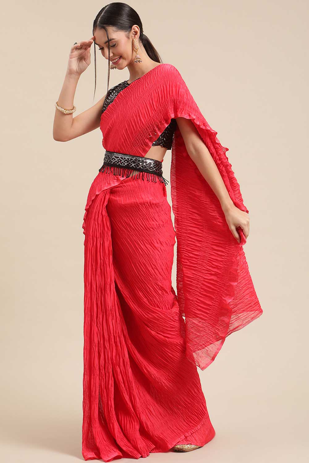 Buy Urmila Red Solid Polycotton One Minute Saree Online - One Minute Saree