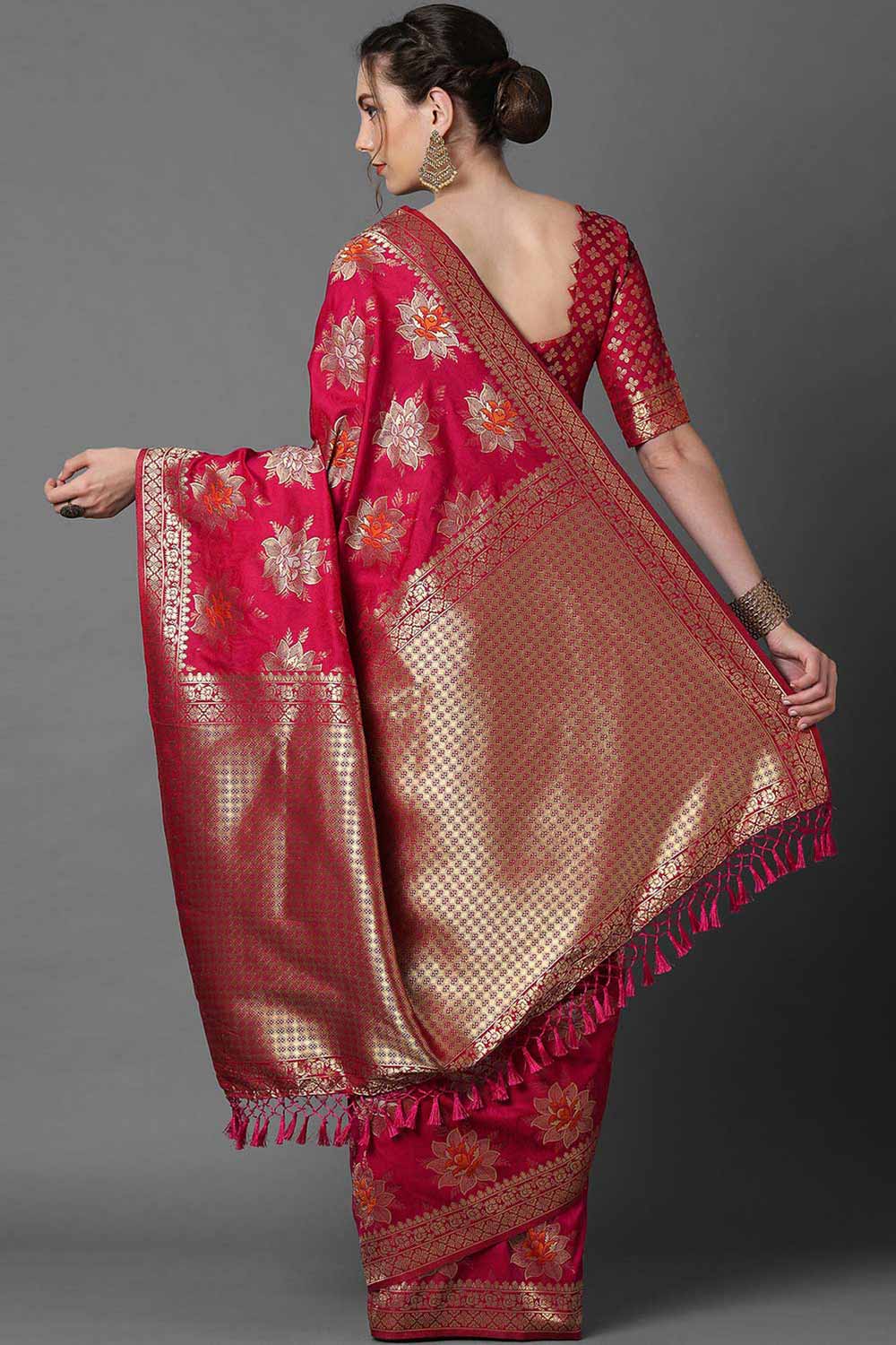Shop Zeenat Pink Zari Woven Blended Silk One Minute Saree at best offer at our  Store - One Minute Saree