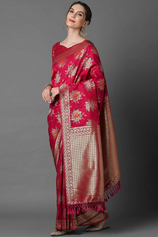 Buy Zeenat Pink Zari Woven Blended Silk One Minute Saree Online - Back