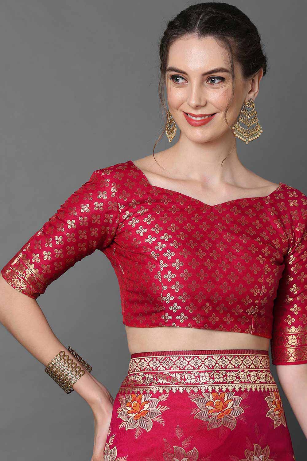 Buy Zeenat Pink Zari Woven Blended Silk One Minute Saree Online - Front