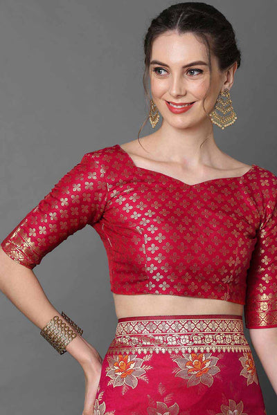 Buy Zeenat Pink Zari Woven Blended Silk One Minute Saree Online - Front