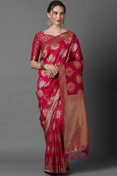 Buy Zeenat Pink Zari Woven Blended Silk One Minute Saree Online - One Minute Saree