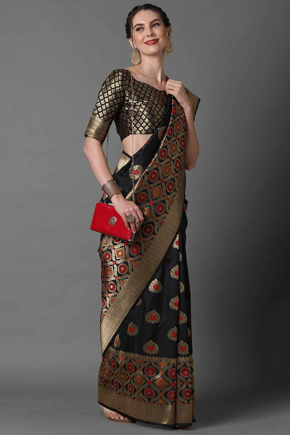 Buy Karishma Black Woven Art Silk One Minute Saree Online