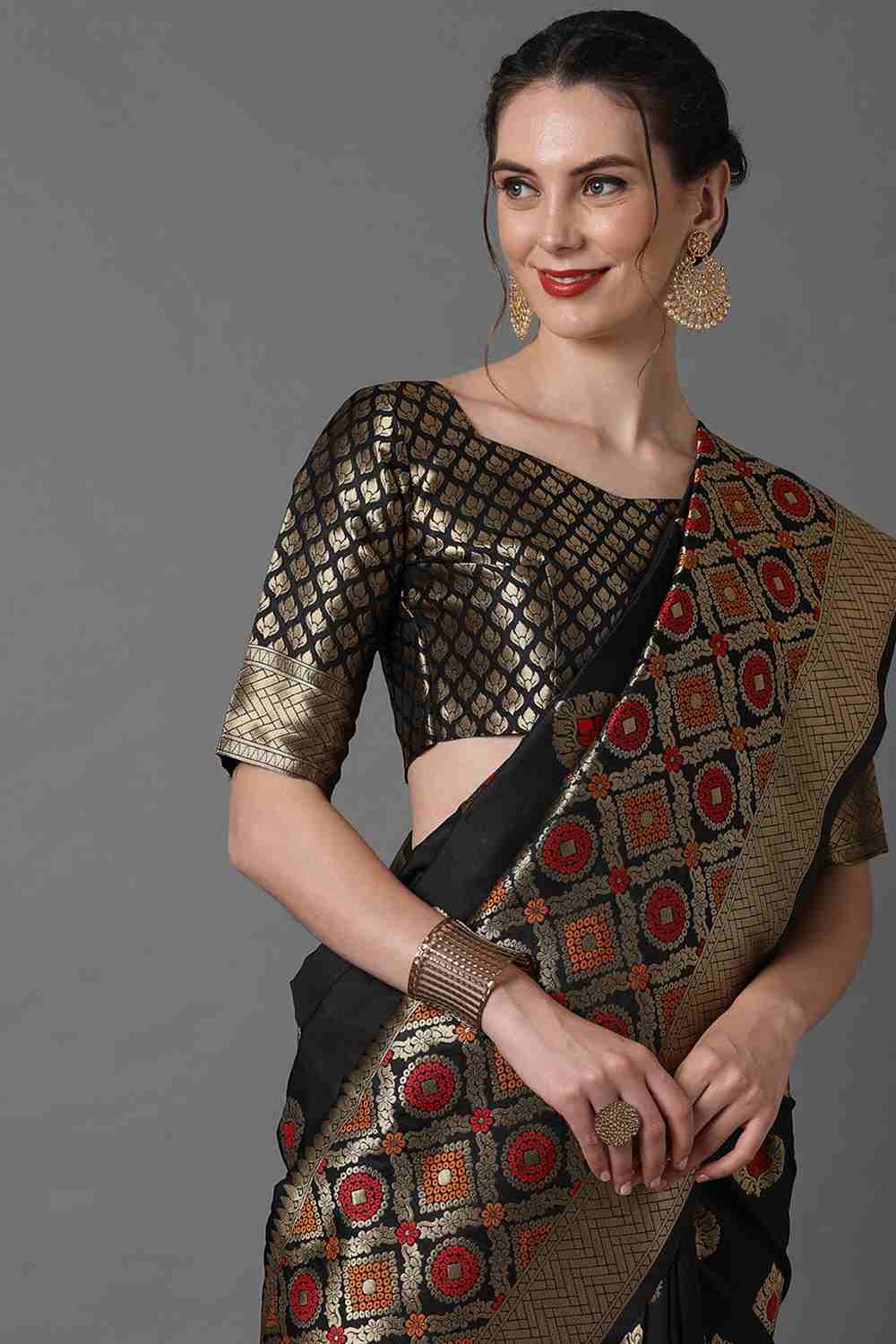 Buy Karishma Black Woven Art Silk One Minute Saree Online - Side