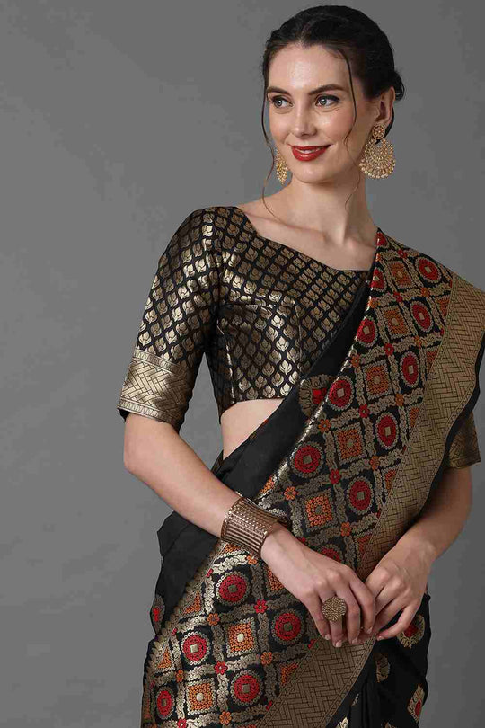 Buy Karishma Black Woven Art Silk One Minute Saree Online - Side