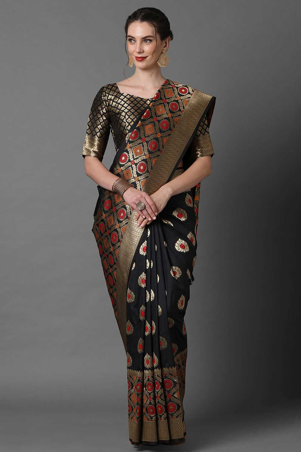 Buy Karishma Black Woven Art Silk One Minute Saree Online - One Minute Saree