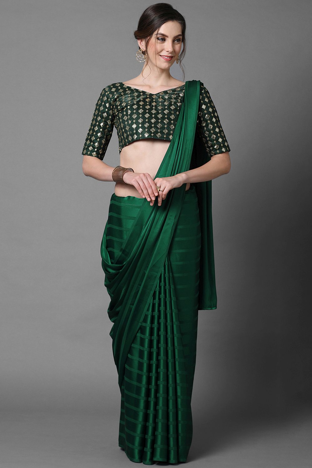 Buy Tia Green Solid Georgette One Minute Saree Online - One Minute Saree