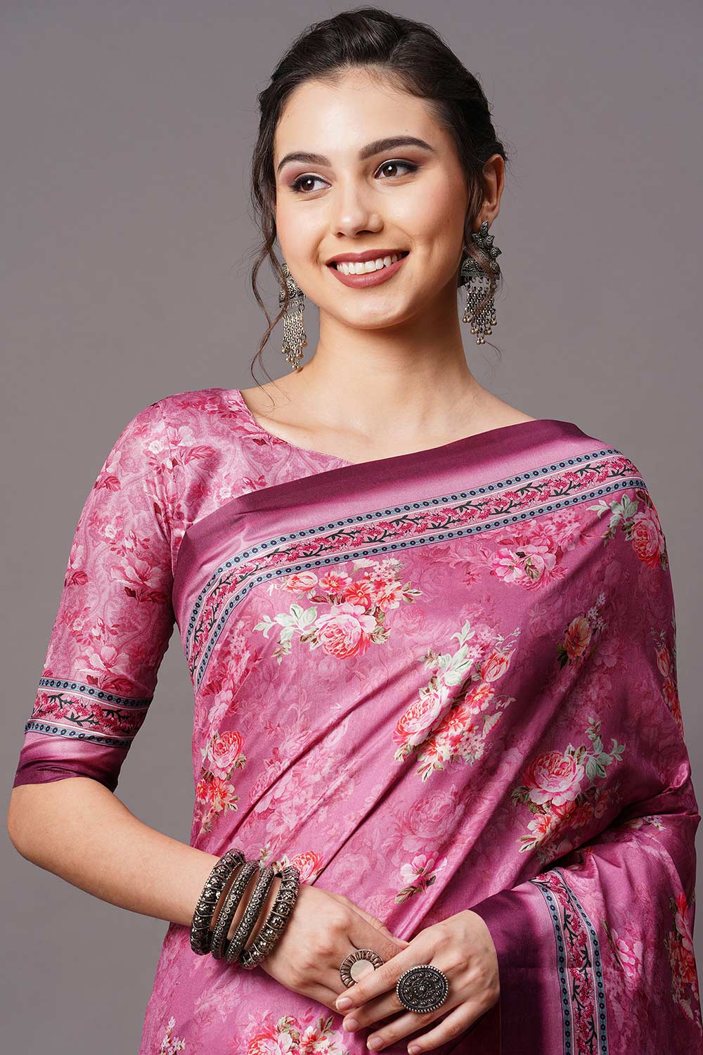 Buy Tisha Purple Floral Printed Dola Art Silk One Minute Saree Online