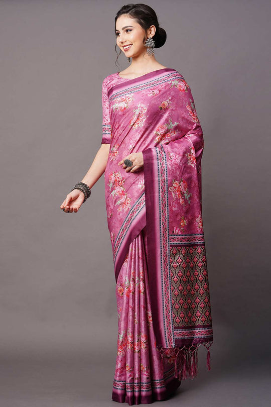 Buy Tisha Purple Floral Printed Dola Art Silk One Minute Saree Online - Back