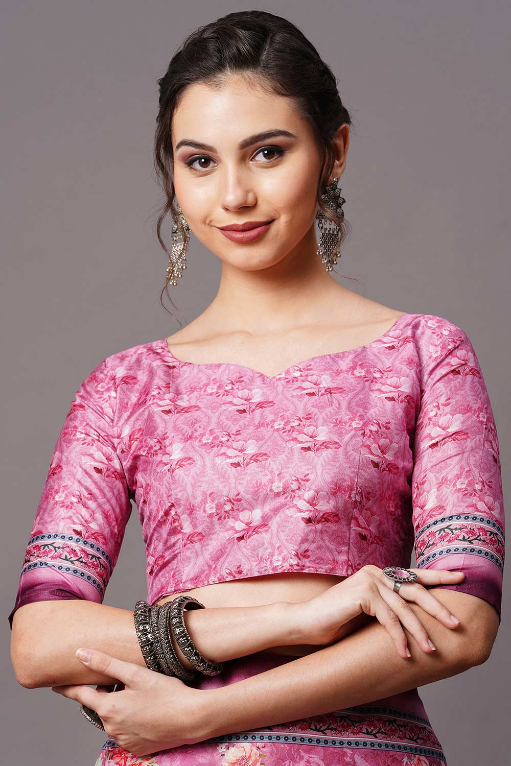 Buy Tisha Purple Floral Printed Dola Art Silk One Minute Saree Online - Side