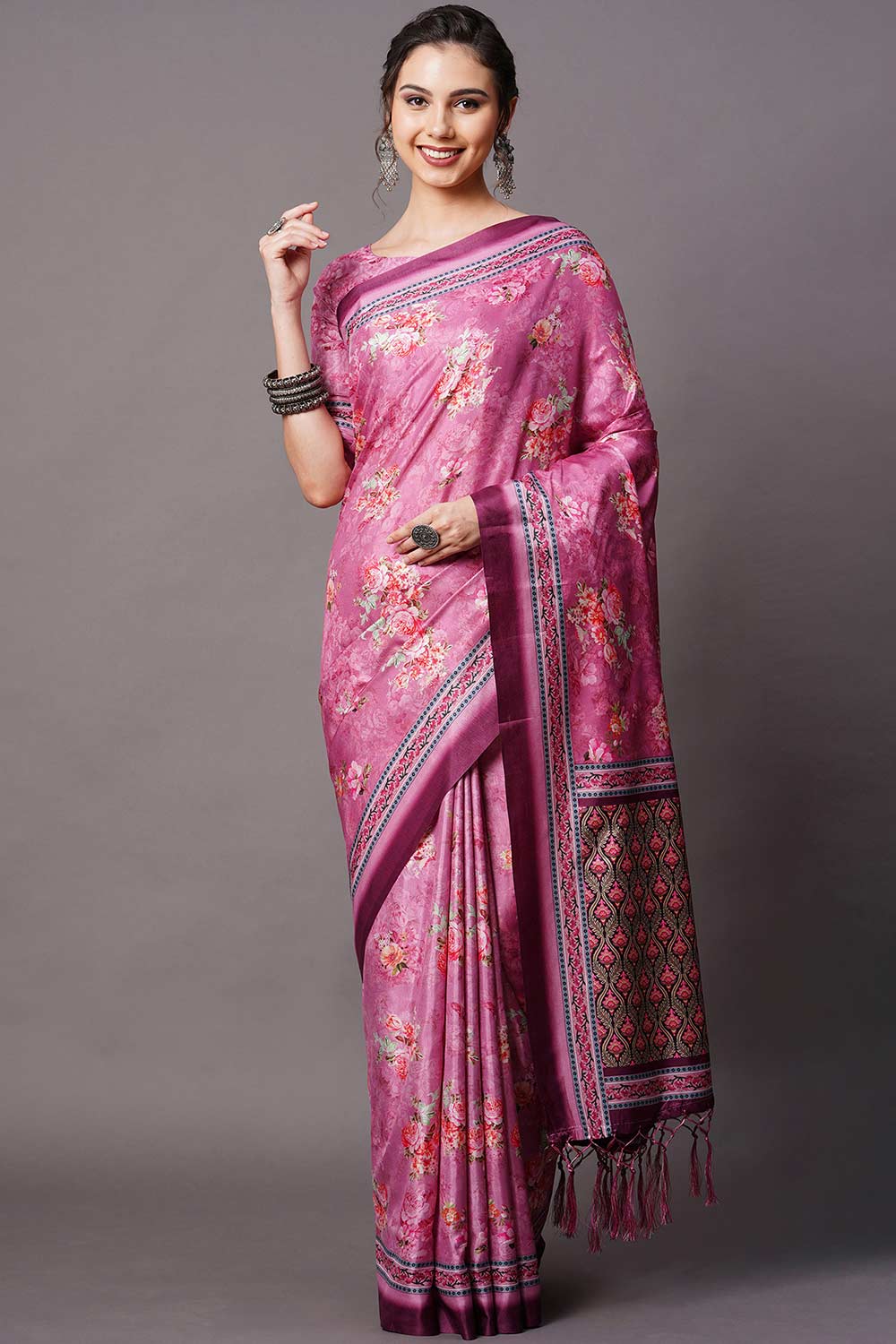 Buy Tisha Purple Floral Printed Dola Art Silk One Minute Saree Online - One Minute Saree
