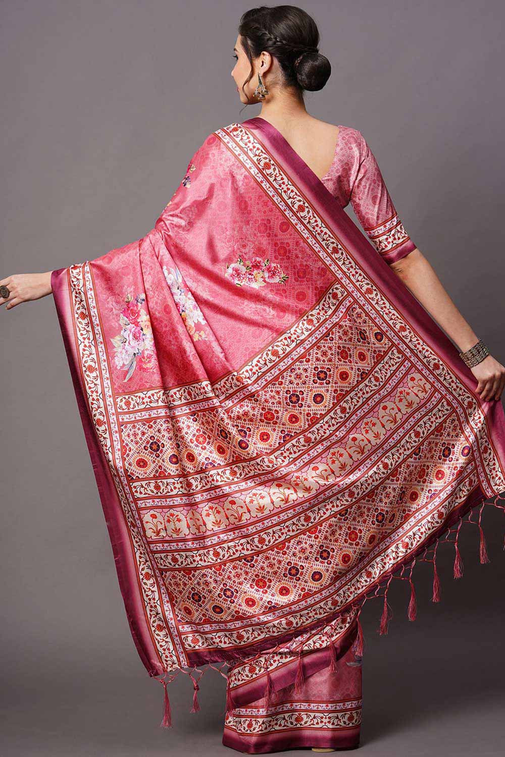 Shop Tisha Pink Floral Printed Dola Art Silk One Minute Saree at best offer at our  Store - One Minute Saree