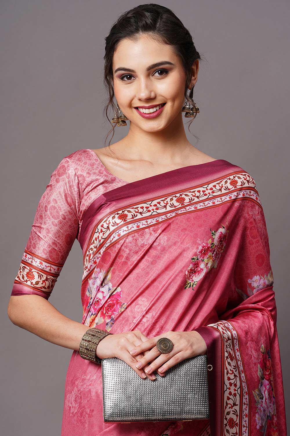 Buy Tisha Pink Floral Printed Dola Art Silk One Minute Saree Online