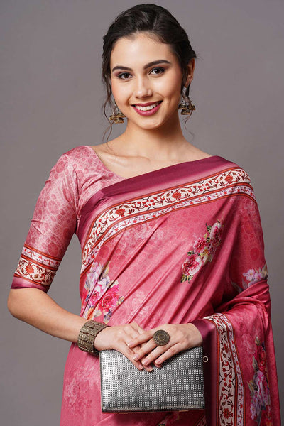 Buy Tisha Pink Floral Printed Dola Art Silk One Minute Saree Online