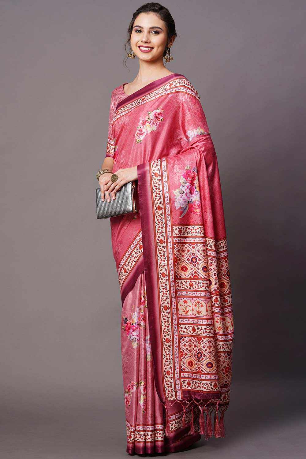 Buy Tisha Pink Floral Printed Dola Art Silk One Minute Saree Online - Back