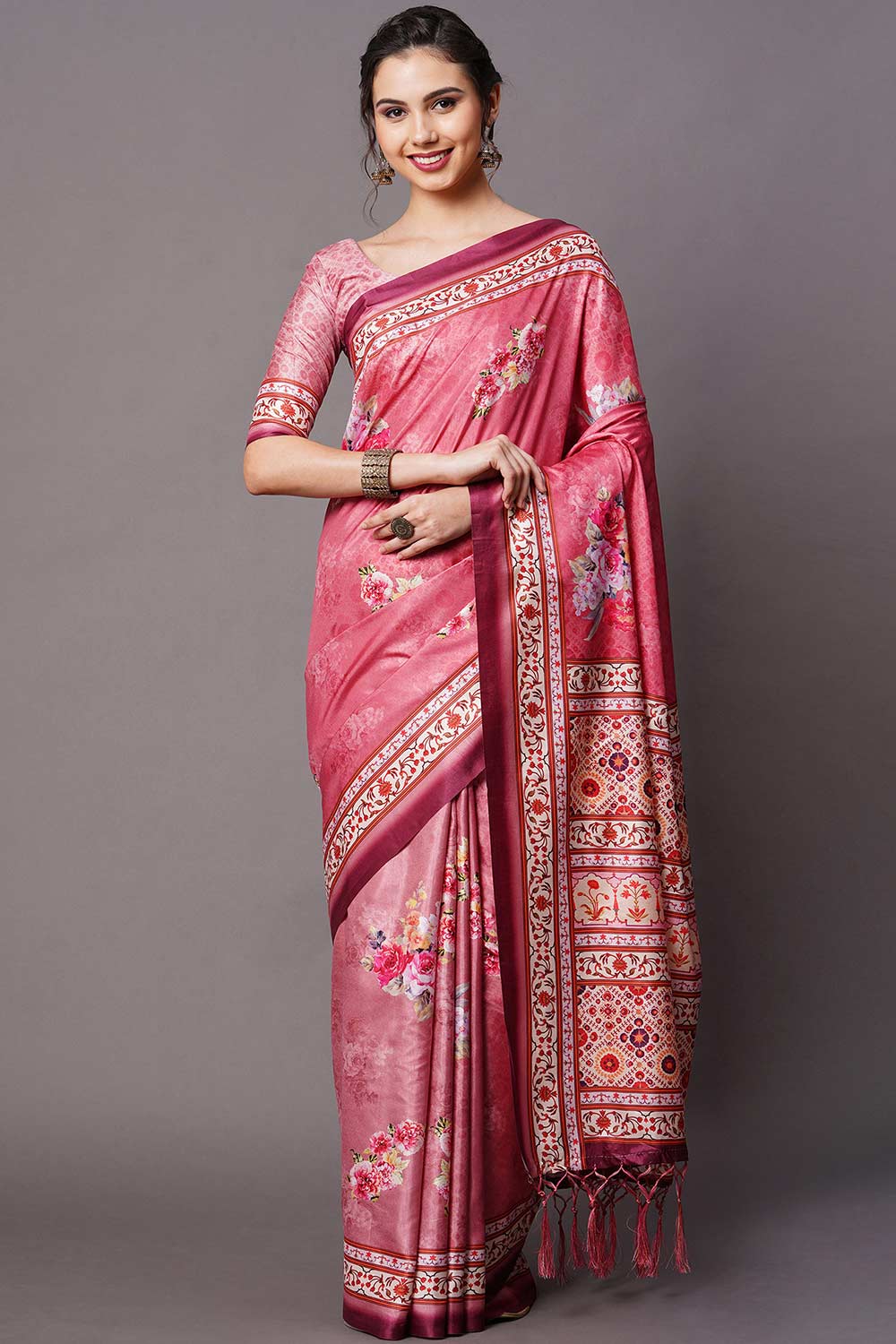 Buy Tisha Pink Floral Printed Dola Art Silk One Minute Saree Online - One Minute Saree