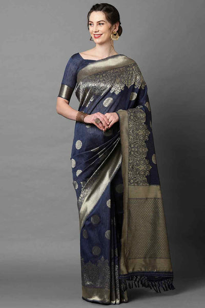 Buy Casey Navy Blue Woven Art Silk One Minute Saree Online - One Minute Saree