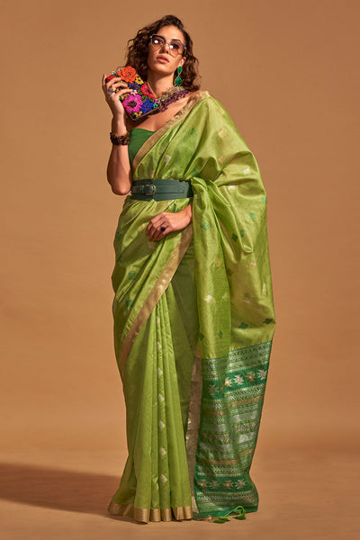 Buy Olivia Green Kanoi Silk Woven Floral One Minute Saree Online - One Minute Saree