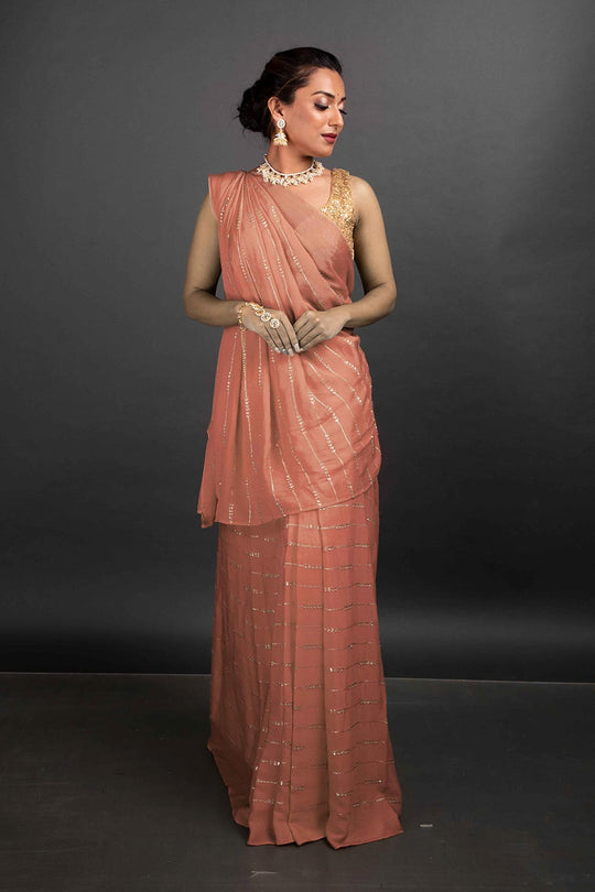 Buy Priya Peach Georgette One Minute Saree Online - One Minute Saree