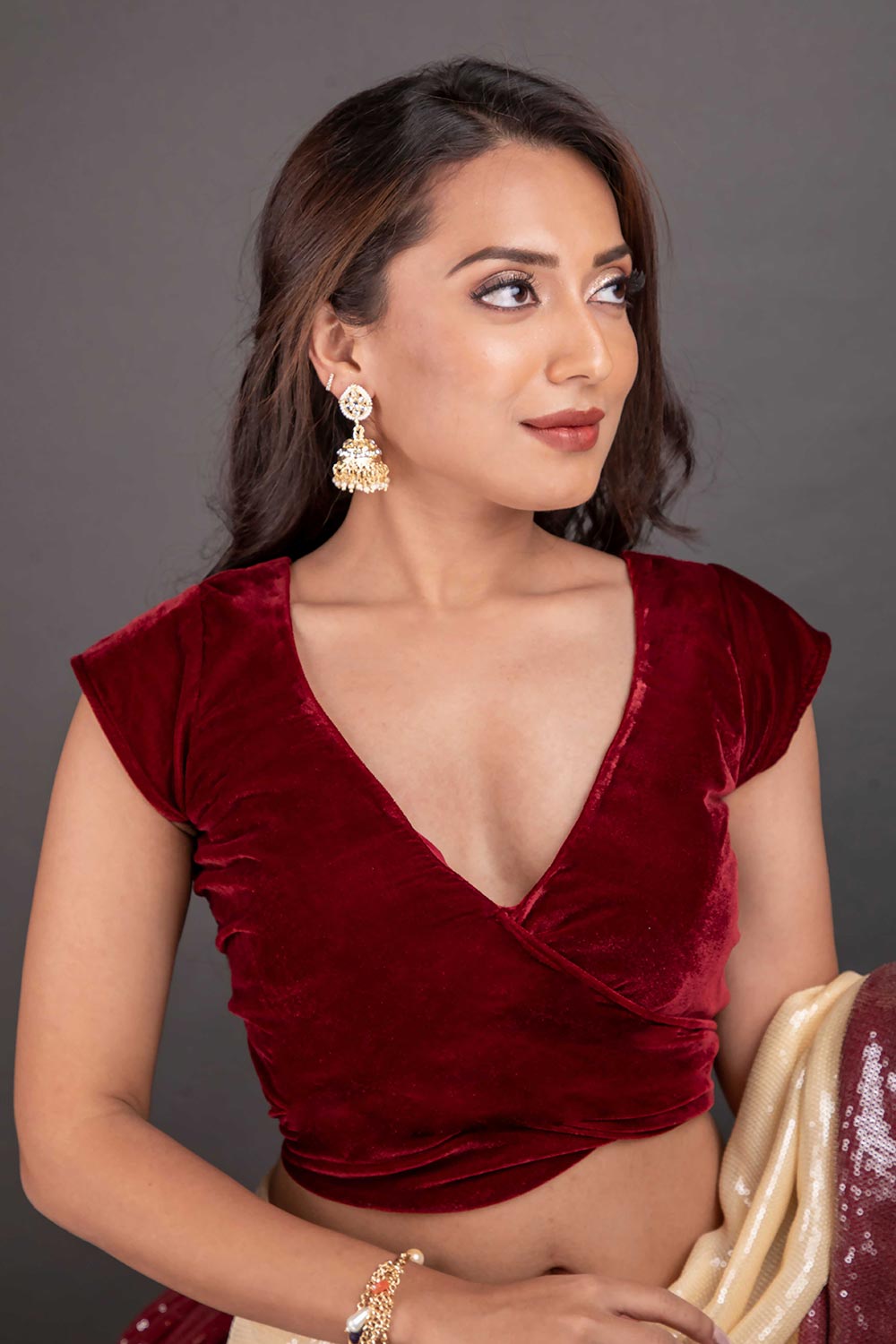 Buy Maya Burgundy Velvet Waist Tie Custom Design Blouse Online - One Minute Saree