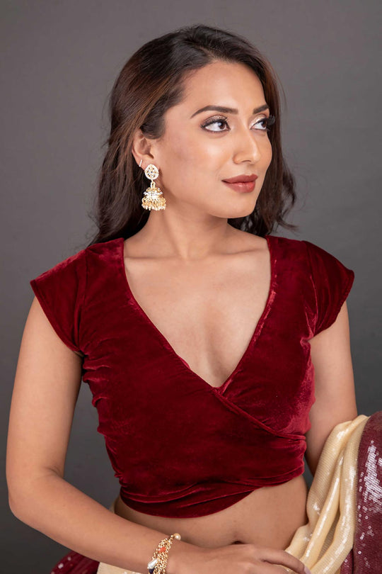 Buy Maya Burgundy Velvet Waist Tie Custom Design Blouse Online - One Minute Saree