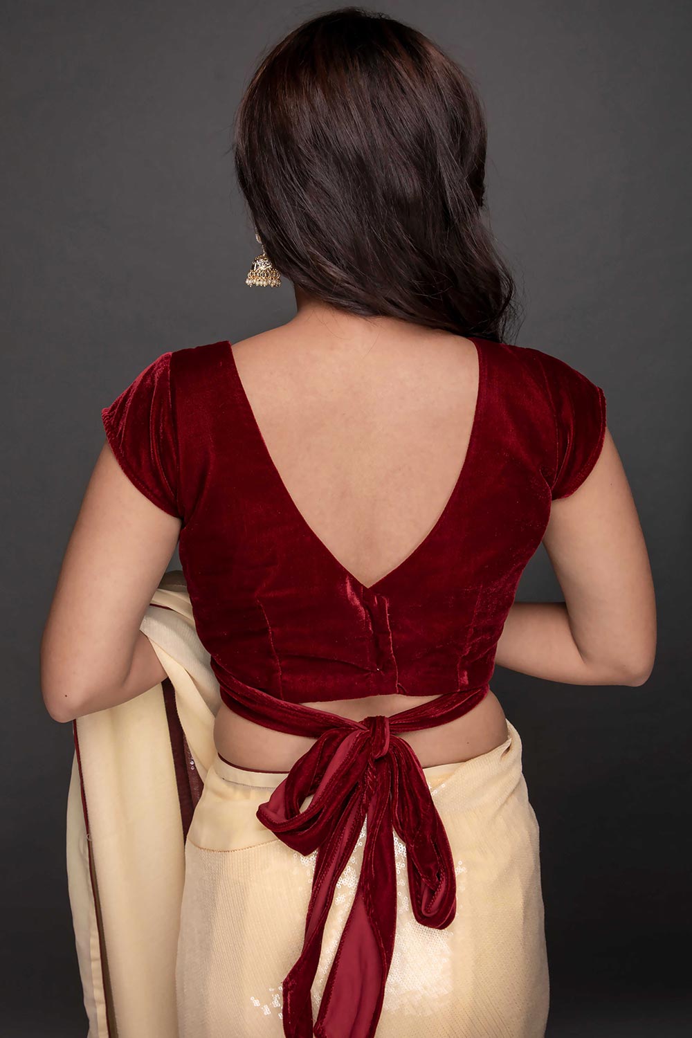 Shop Maya Burgundy Velvet Waist Tie Custom Design Blouse at best offer at our  Store - One Minute Saree