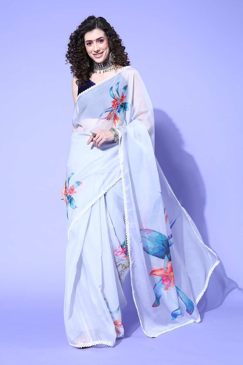 Buy Suri Grey Organza Floral One Minute Saree Online - One Minute Saree