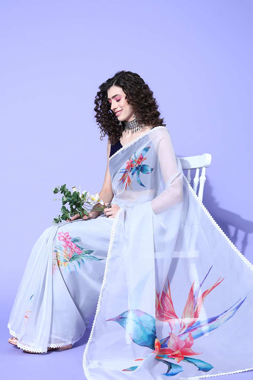 Buy Suri Grey Organza Floral One Minute Saree Online