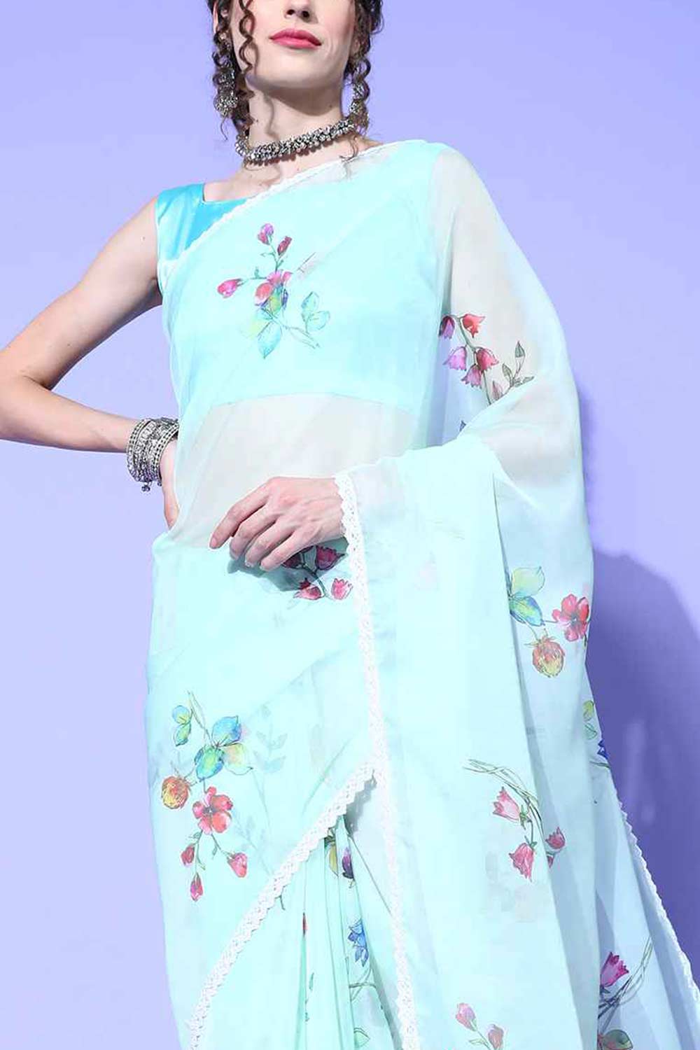 Buy Nila Organza Light Green Digital Print Designer One Minute Saree Online - Side