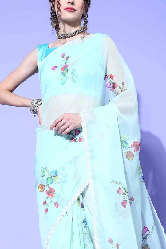 Buy Nila Organza Light Green Digital Print Designer One Minute Saree Online - Side