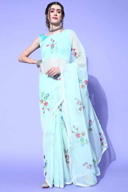Buy Nila Organza Light Green Digital Print Designer One Minute Saree Online - One Minute Saree