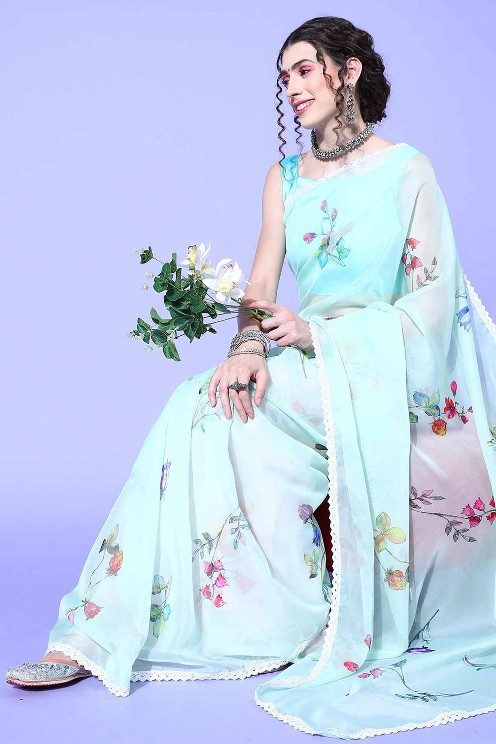 Buy Nila Organza Light Green Digital Print Designer One Minute Saree Online