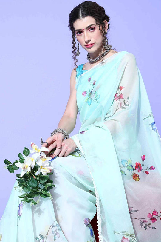 Buy Nila Organza Light Green Digital Print Designer One Minute Saree Online - Back